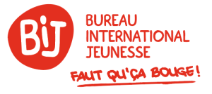 On the right a Red dot that had inside the letters: BIJ. On the Left the following words are written: The Bureau International Jeneuse. Faut Qu'Ca Bouge!